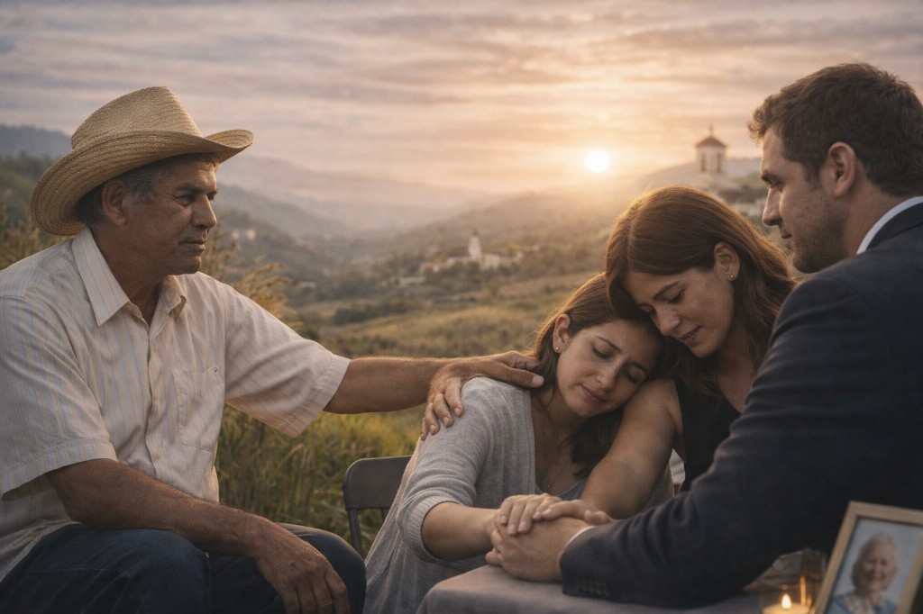 Familia reunida en un momento de recuerdo y consuelo, con la luz del atardecer